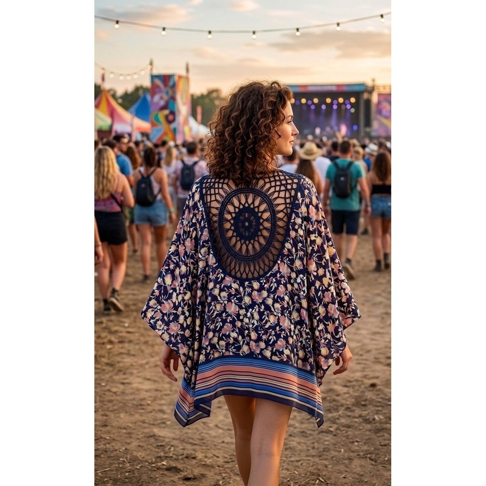 Boho Colleen Lopez XL 1X Crochet Lace Inset Kimono Floral Beach  Festival Wrap